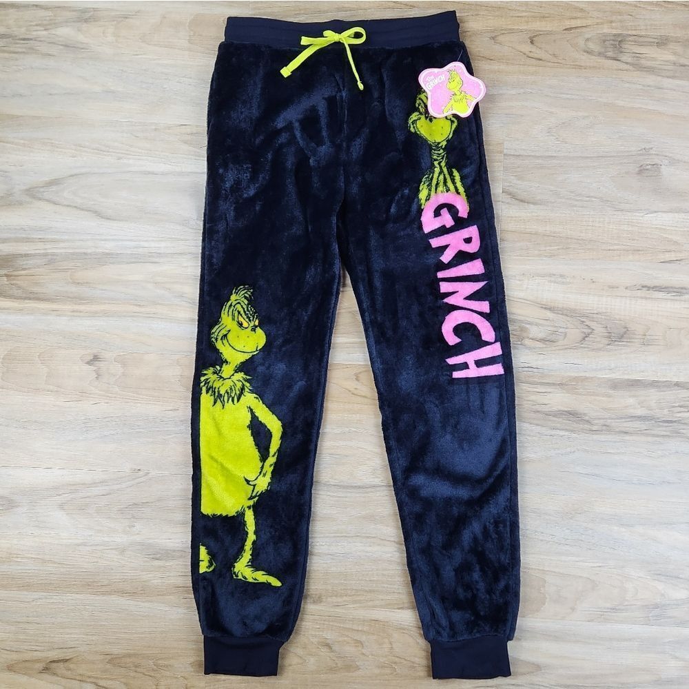 ☔️🔸️NWT The Grinch Black & Green Grinch Graphic Plush Joggers Small - Picture 10 of 12